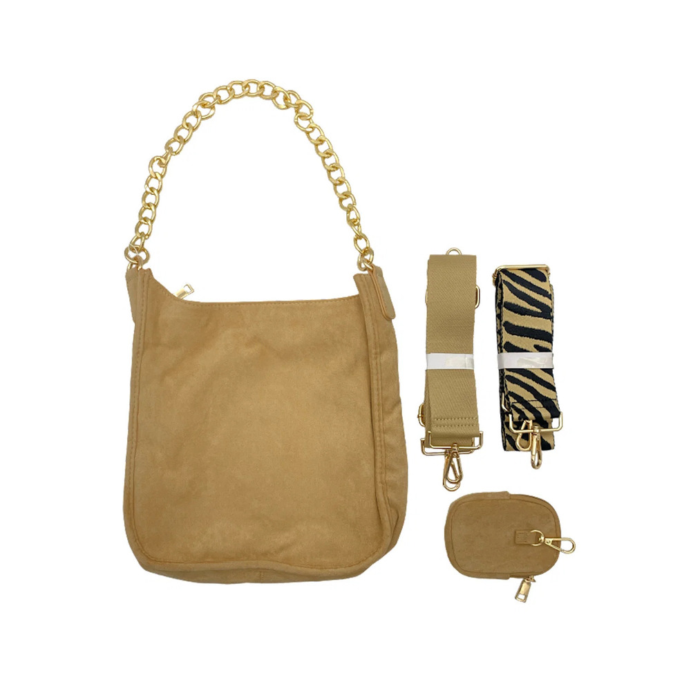 AHDORNED Faux-Suede Multi-Strap Lg Messenger w/ Clip-On Pouch Camel